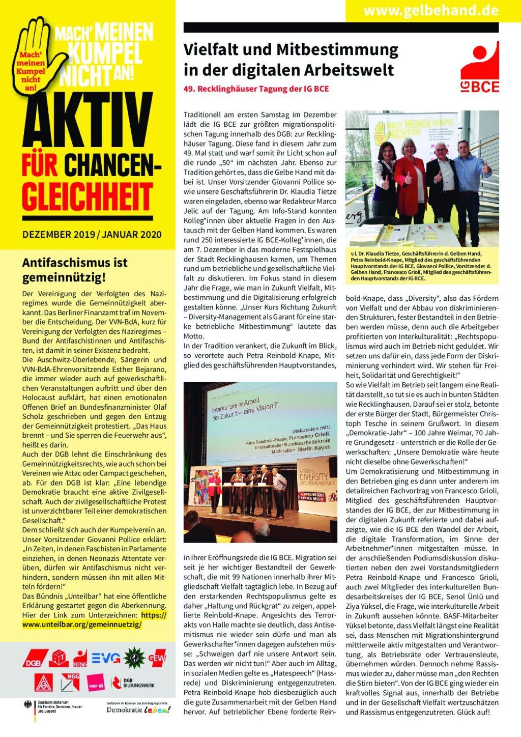 Cover von Aktiv für Chancengleichheit Dezember 2019/Januar 2020