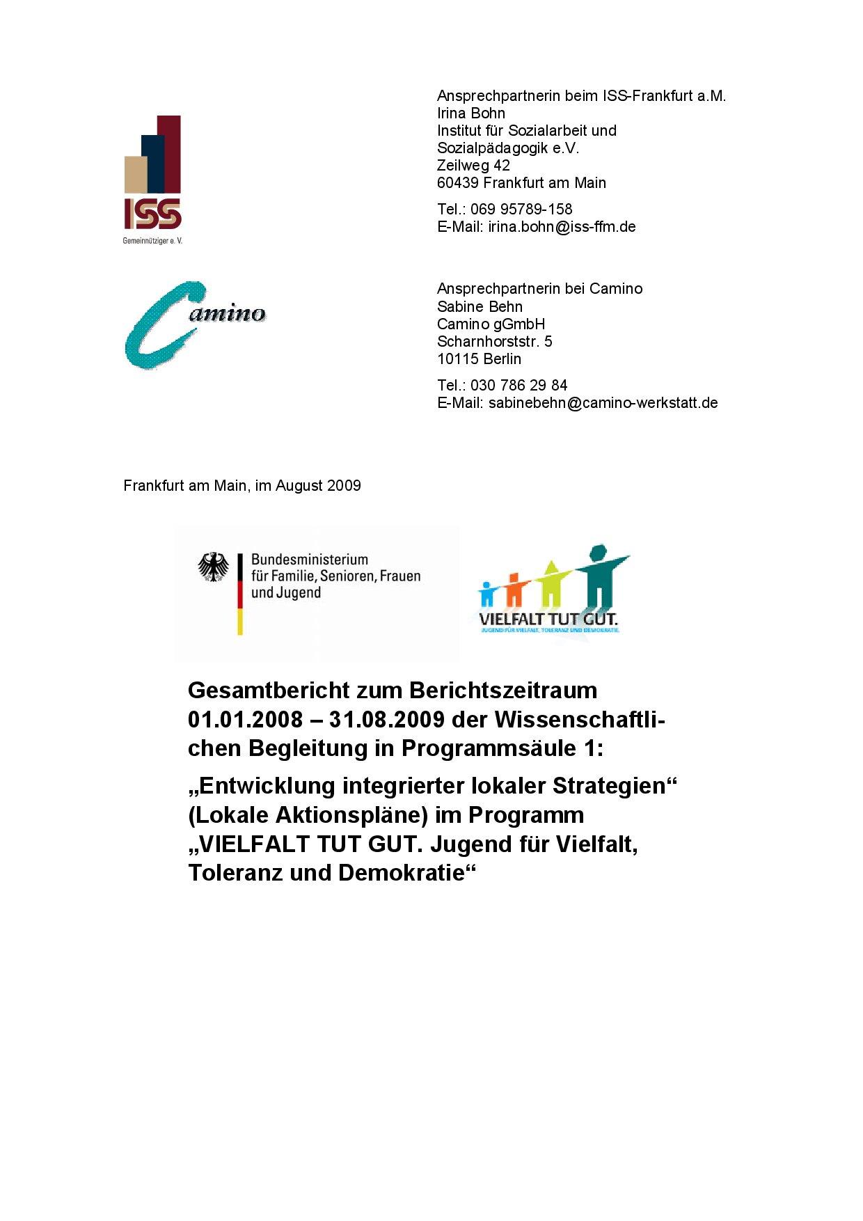 Cover von Gesamtbericht zum Berichtszeitraum 01.01.2008-31.08.2009 der Wissenschaftlichen Begleitung in Programmsäule 1: "Entwicklung integrierter lokaler Strategien" (Lokale Aktionspläne)