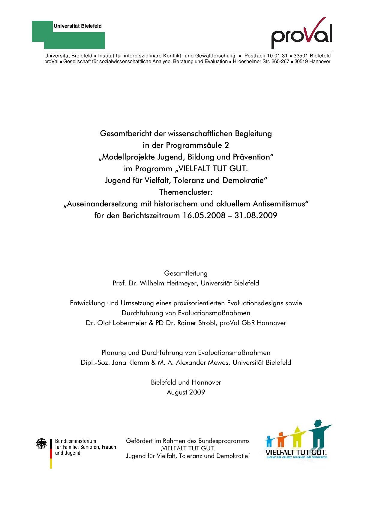 Cover von Gesamtbericht der wissenschaftlichen Begleitung Themencluster: "Auseinandersetzung mit historischem und aktuellem Antisemitismus" für den Berichtszeitraum 16.05.2008 – 31.08.2009