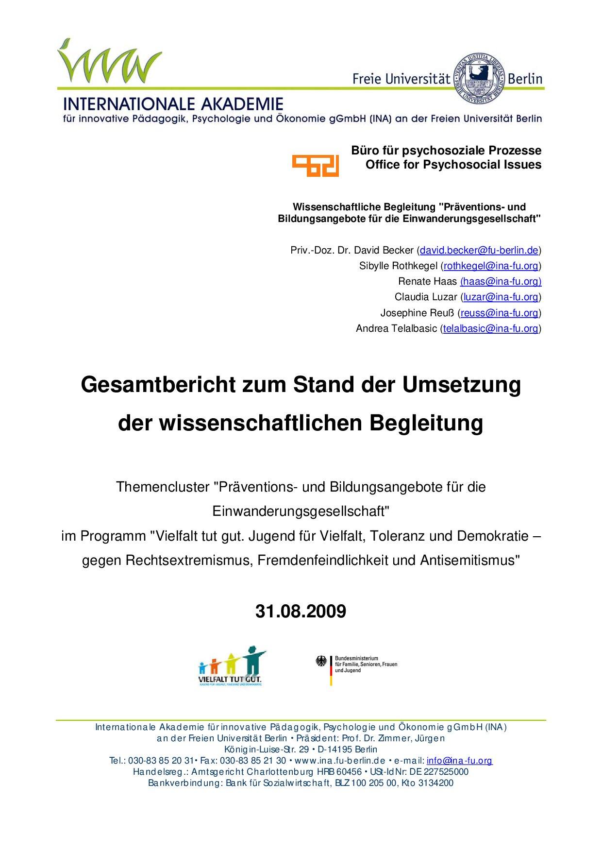 Cover von Gesamtbericht zum Stand der Umsetzung der wissenschaftlichen Begleitung Themencluster "Präventions- und Bildungsangebote für die Einwanderungsgesellschaft" 2009