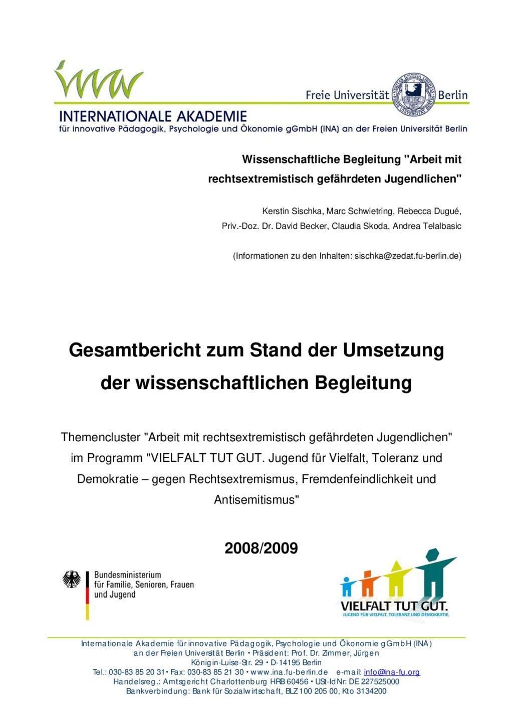 Cover von Gesamtbericht zum Stand der Umsetzung der wissenschaftlichen Begleitung Themencluster "Arbeit mit rechtsextremistisch gefährdeten Jugendlichen" 2008/2009