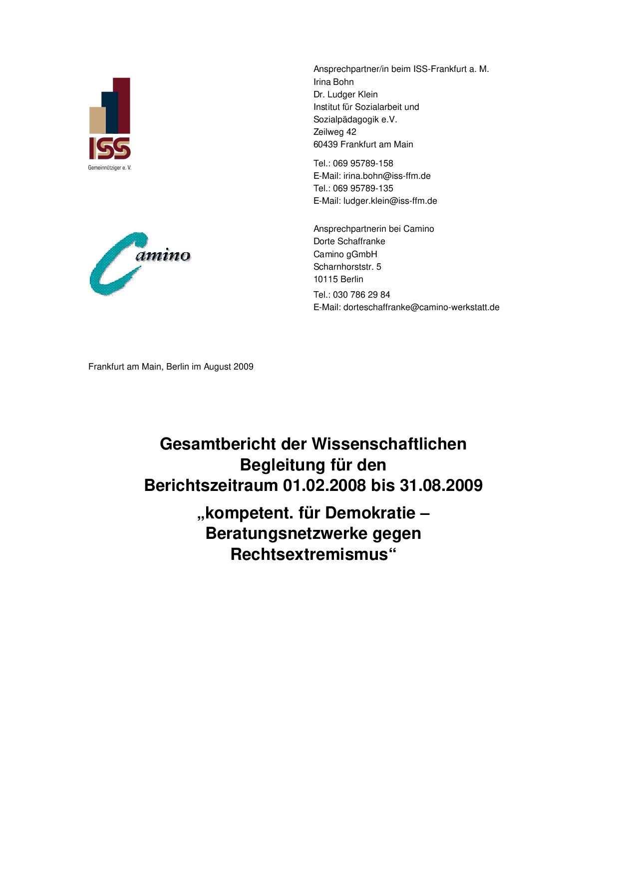 Cover von Gesamtbericht der Wissenschaftlichen Begleitung für den Berichtszeitraum 01.02.2008 bis 31.08.2009 "kompetent. für Demokratie – Beratungsnetzwerke gegen Rechtsextremismus"