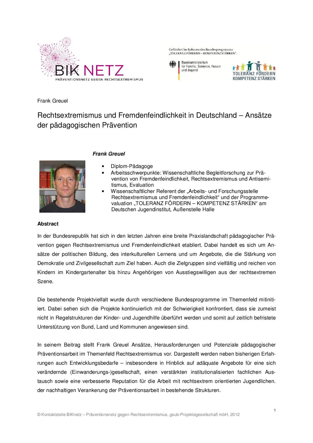 Cover von Rechtsextremismus und Fremdenfeindlichkeit in Deutschland – Ansätze der pädagogischen Intervention