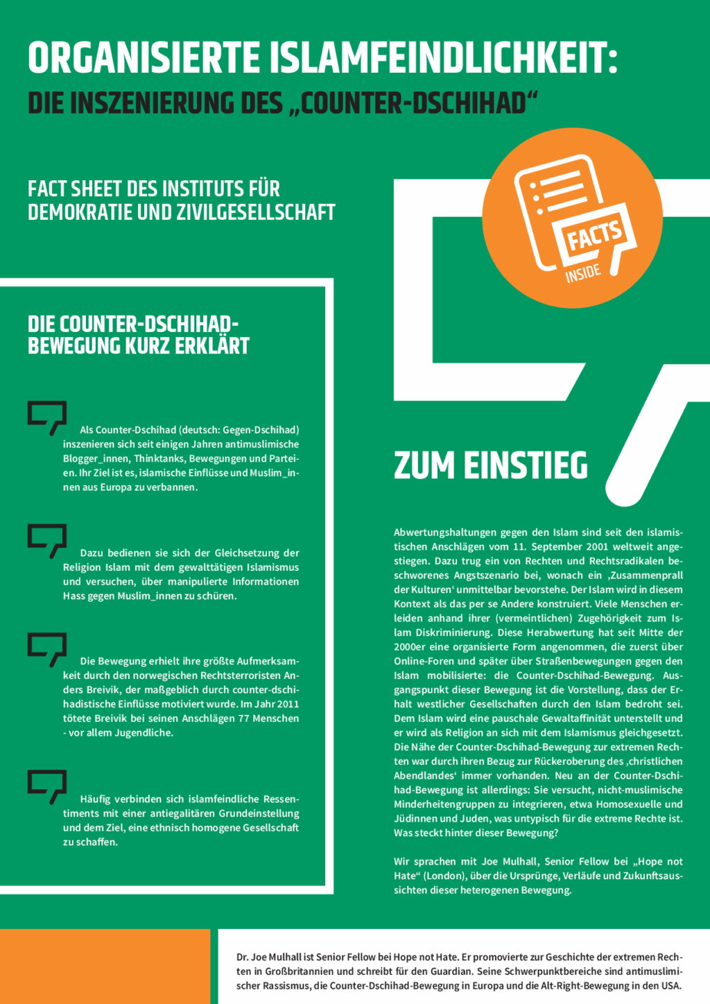 Cover von Organisierte Islamfeindlichkeit . Die Inszenierung des "Counter-Dschihad". Fact Sheet des Instituts für Demokratie und Zivilgesellschaft