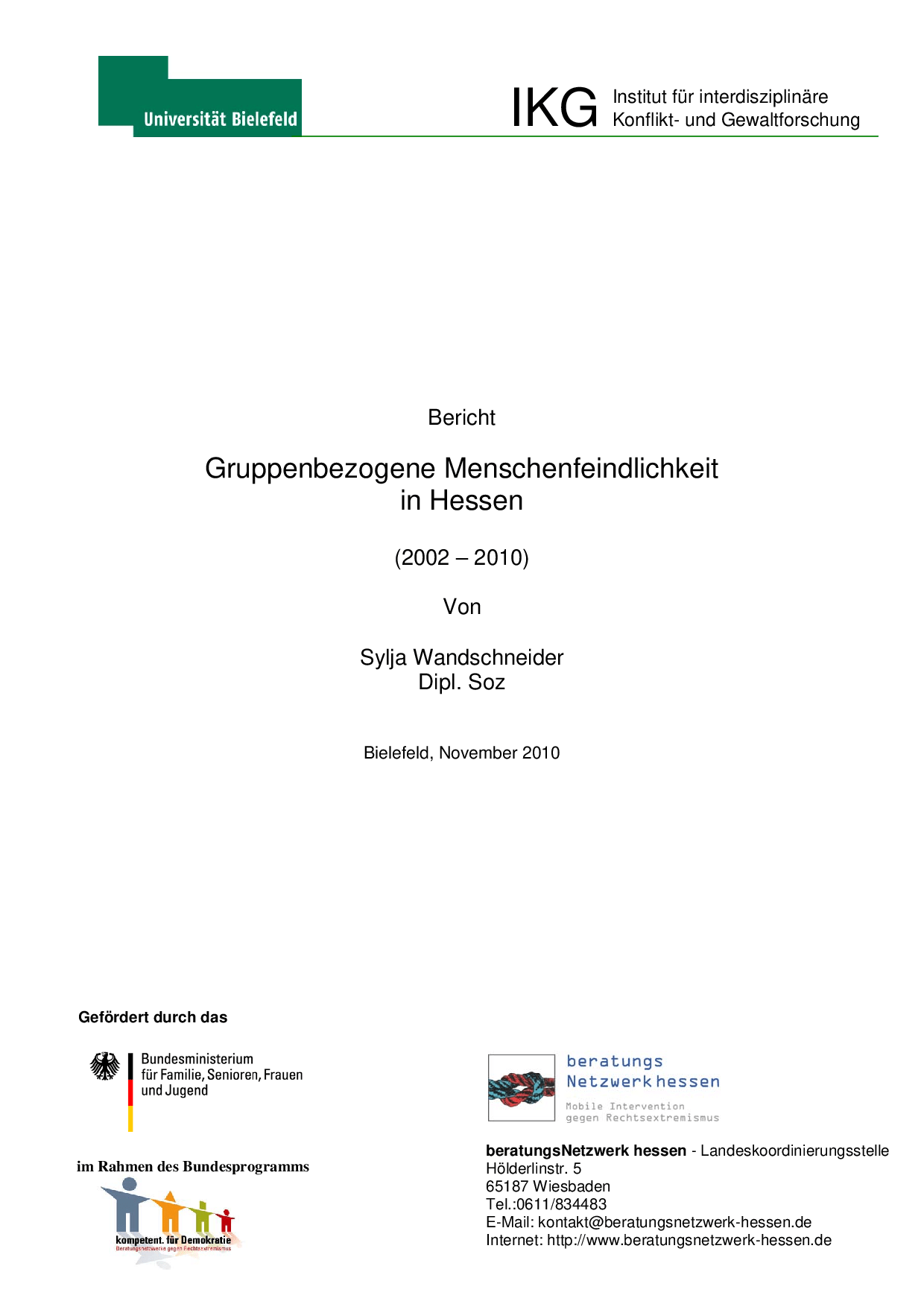 Cover von Bericht Gruppenbezogene Menschenfeindlichkeit in Hessen (2002-2010)