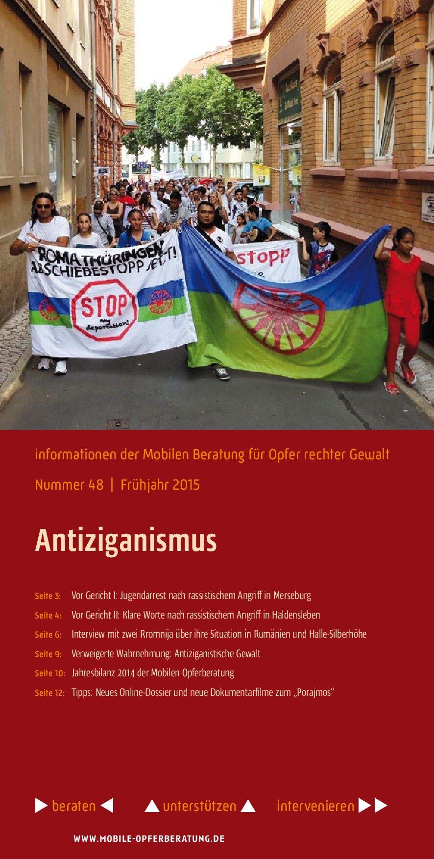 Cover von Informationen der Mobilen Beratung für Opfer rechter Gewalt Nr. 48: Antiziganismus