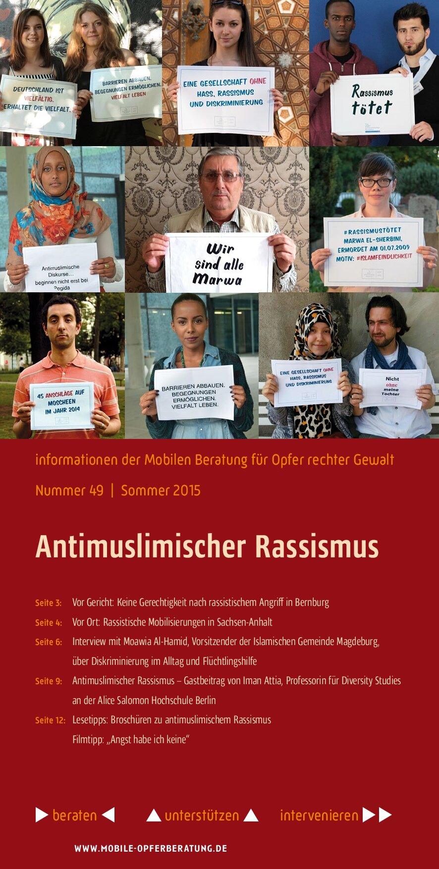 Cover von Informationen der Mobilen Beratung für Opfer rechter Gewalt Nr. 49. Antimuslimischer Rassismus