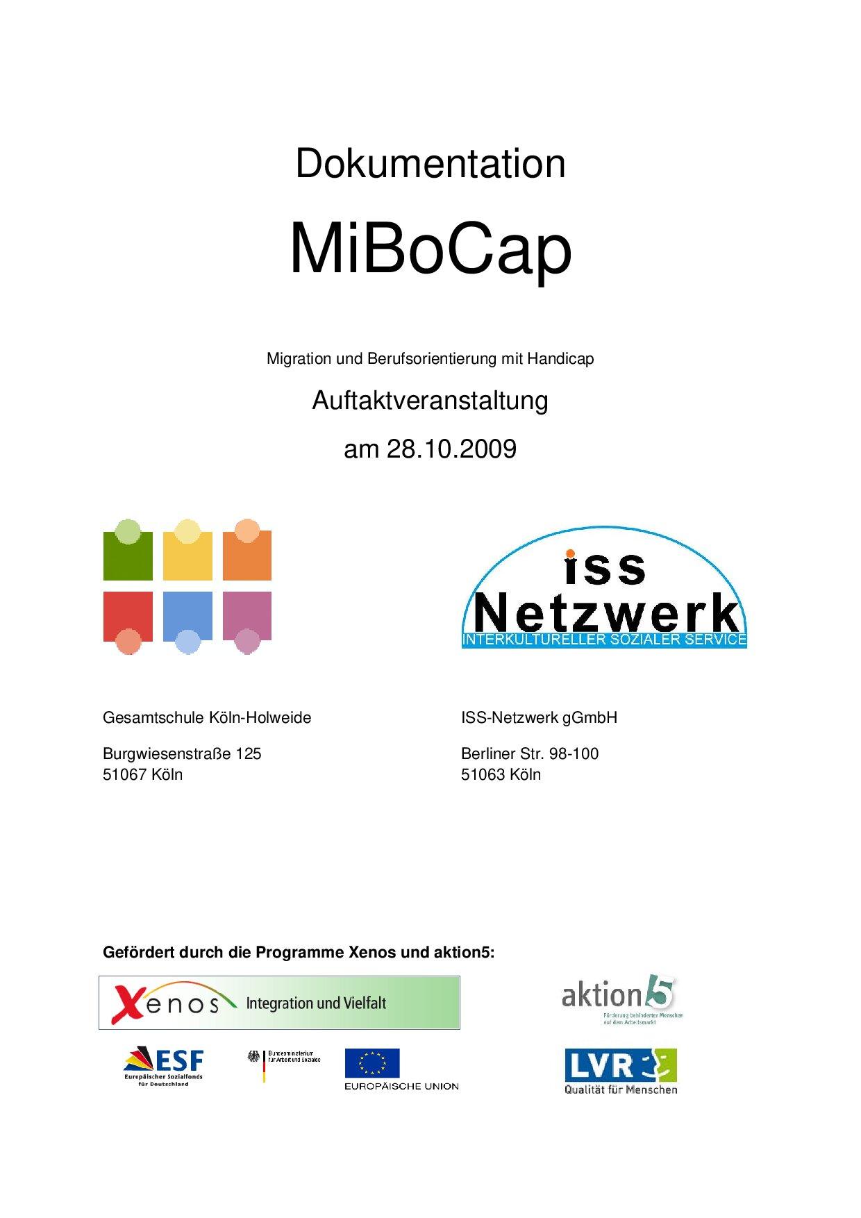 Cover von Dokumentation MiBoCap. Migration und Berufsorientierung mit Handicap. Auftaktveranstaltung am 28.06.2009