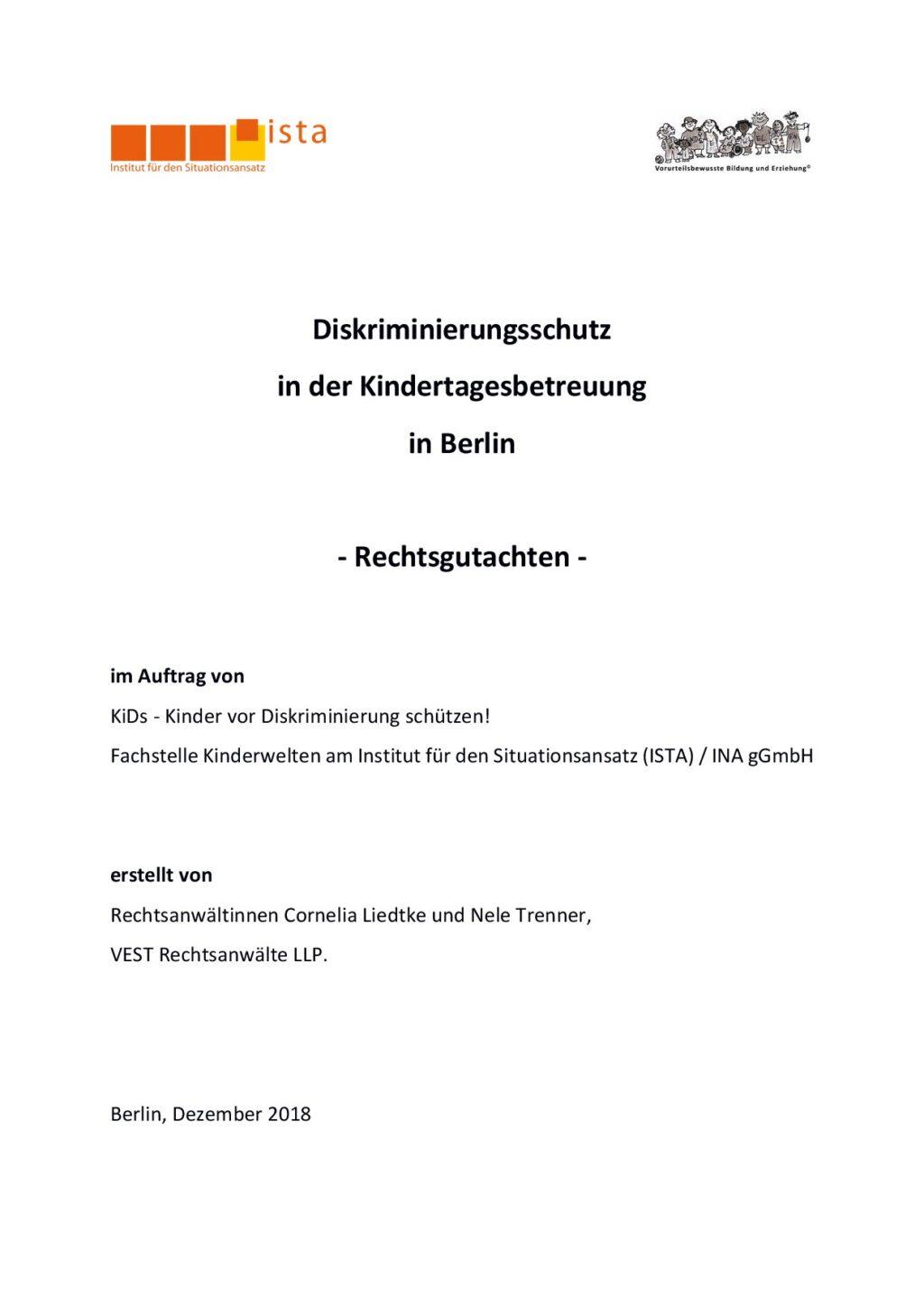 Cover von Diskriminierungsschutz in der Kindertagesbetreuung in Berlin. Rechtsgutachten