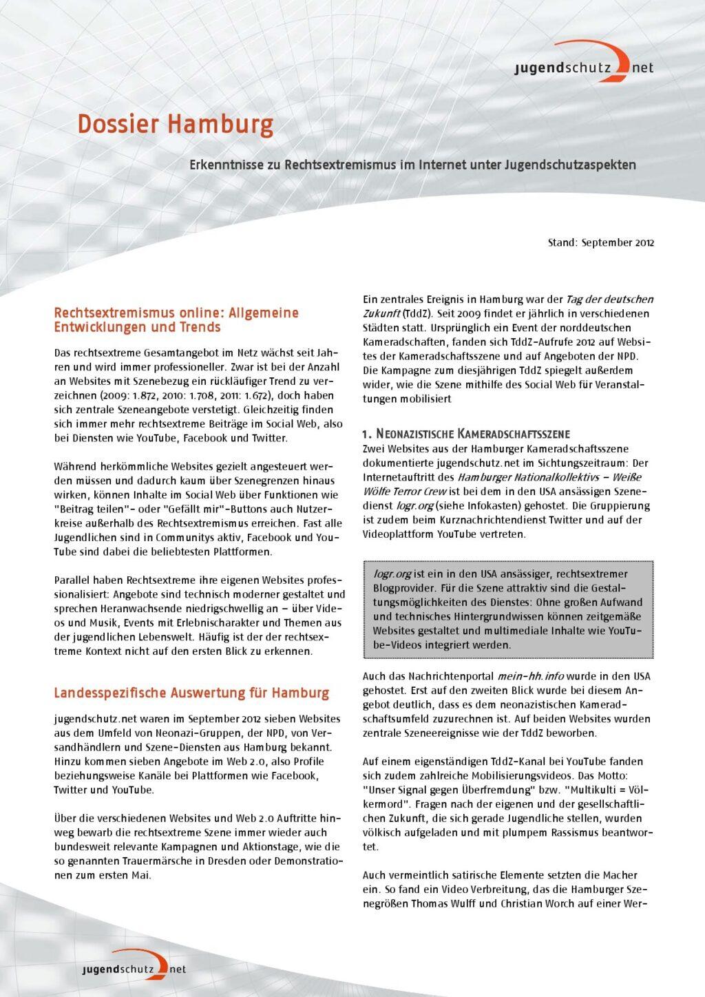 Cover von Erkenntnisse zu Rechtsextremismus im Internet unter Jugendschutzaspekten. Dossier Hamburg
