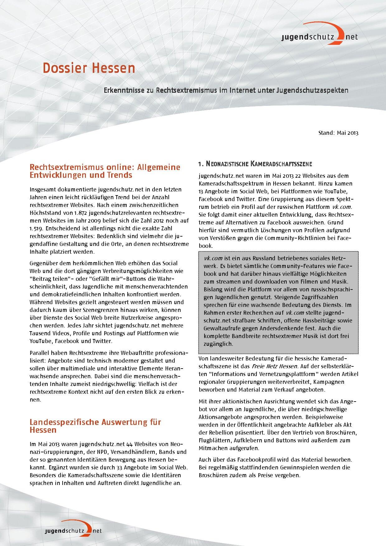 Cover von Erkenntnisse zu Rechtsextremismus im Internet unter Jugendschutzaspekten. Dossier Hessen