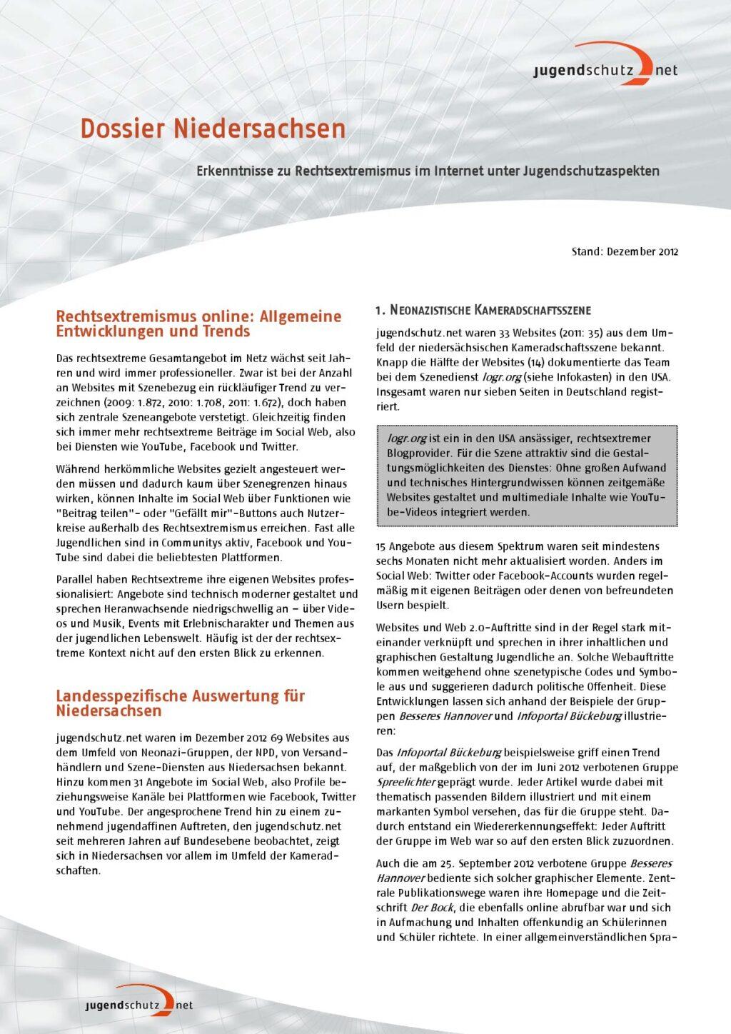 Cover von Erkenntnisse zu Rechtsextremismus im Internet unter Jugendschutzaspekten. Dossier Niedersachsen