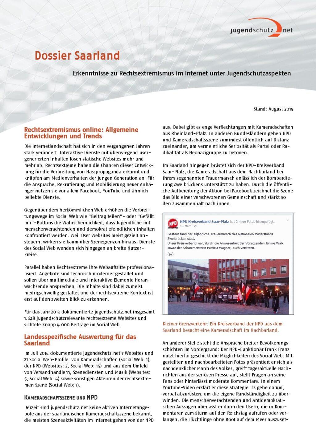 Cover von Erkenntnisse zu Rechtsextremismus im Internet unter Jugendschutzaspekten. Dossier Saarland