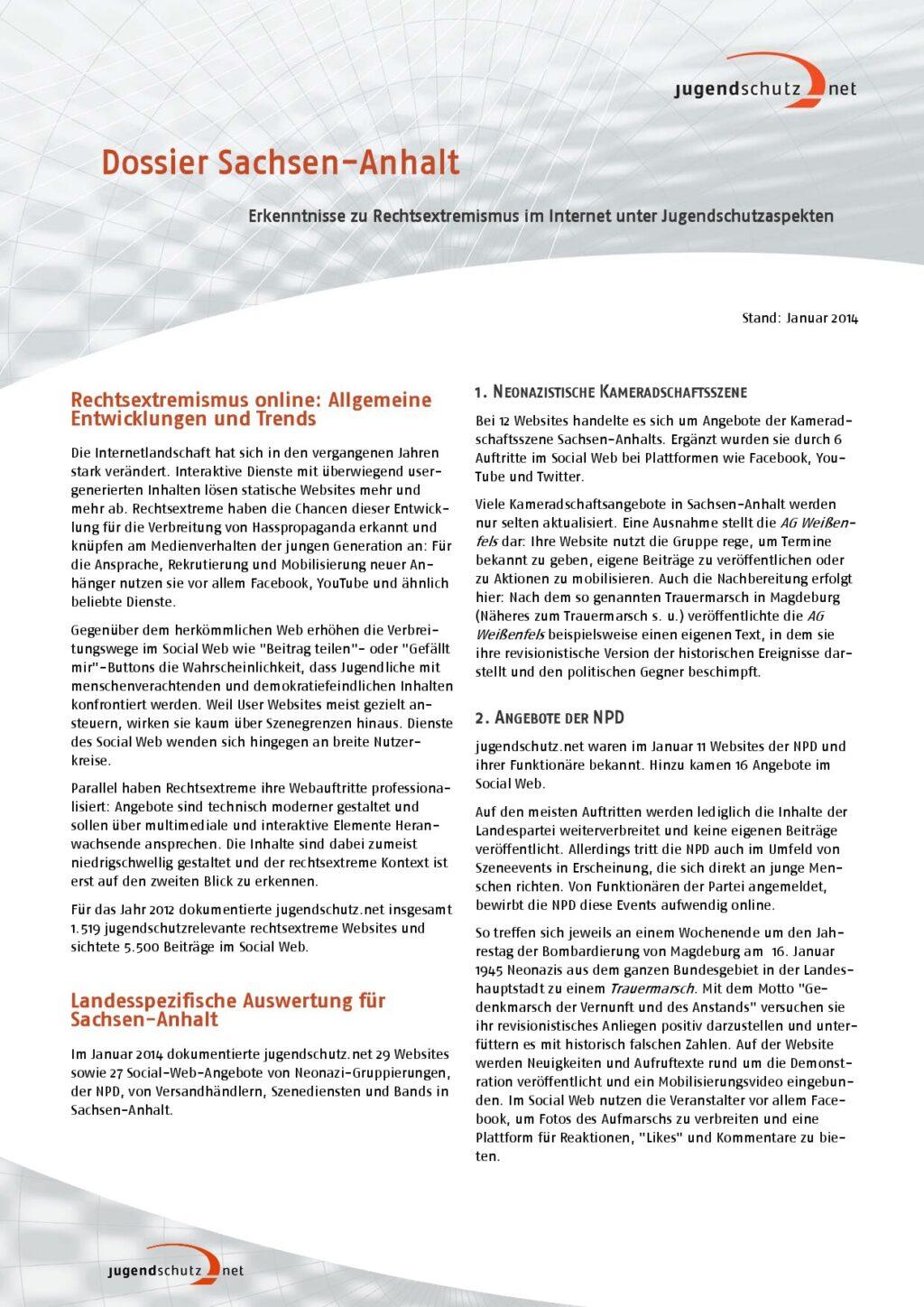 Cover von Erkenntnisse zu Rechtsextremismus im Internet unter Jugendschutzaspekten. Dossier Sachsen-Anhalt