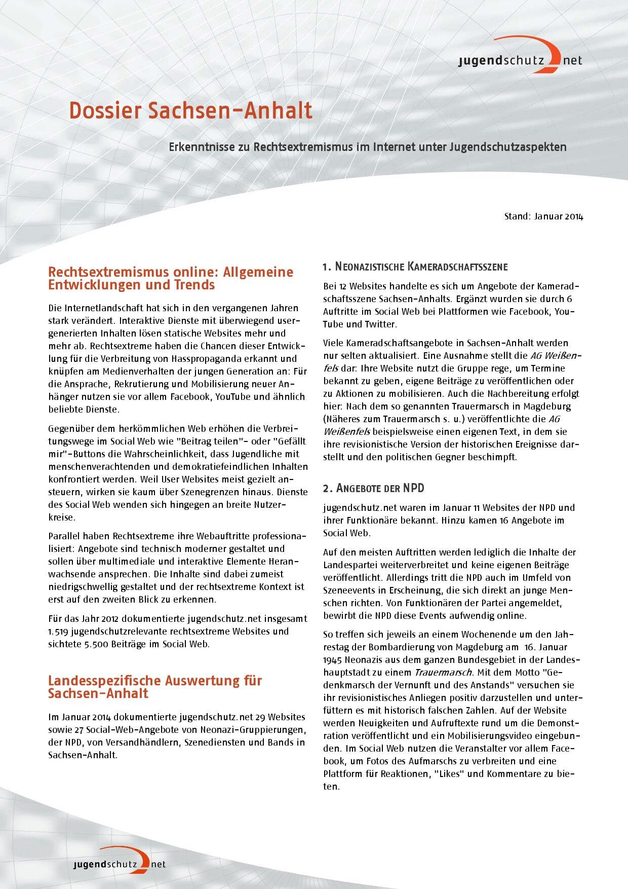 Cover von Erkenntnisse zu Rechtsextremismus im Internet unter Jugendschutzaspekten. Dossier Sachsen-Anhalt