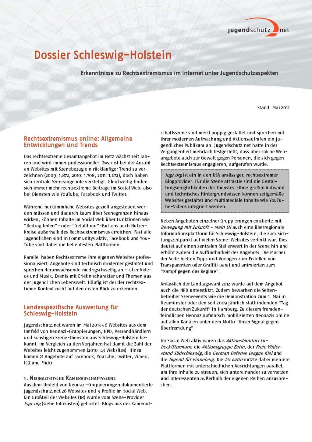 Cover von Erkenntnisse zu Rechtsextremismus im Internet unter Jugendschutzaspekten. Dossier Schleswig-Holstein
