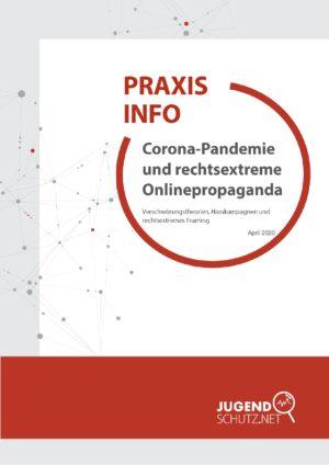 Cover von Praxisinfo. Corona-Pandemie und rechtsextreme Onlinepropaganda. Verschwörungstheorien, Hasskampagnen und rechtsextremes Framing