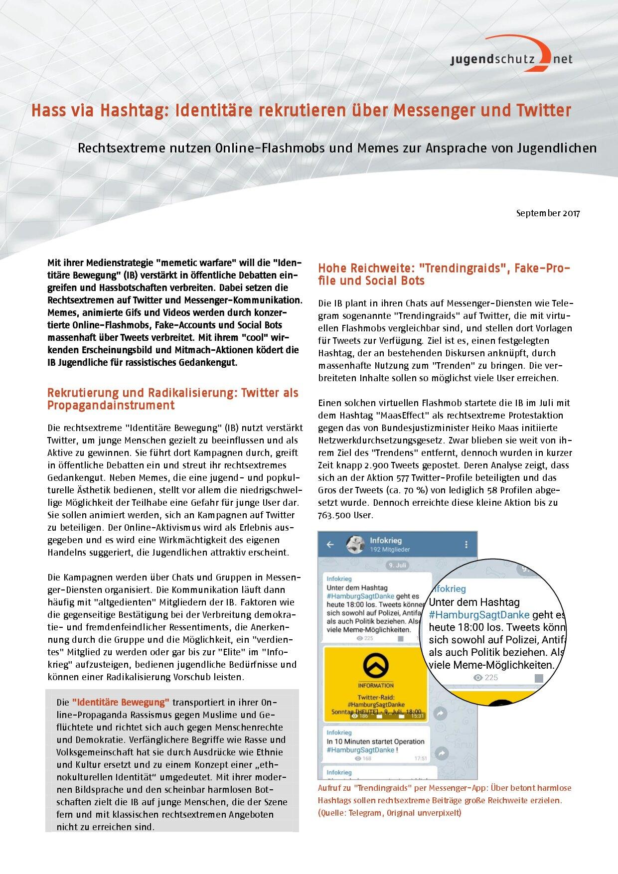 Cover von Hass via Hashtag: Identitäre rekrutieren über Messenger und Twitter. Rechtsextreme nutzen Online-Flashmops und Memes zur Ansprache von Jugendlichen