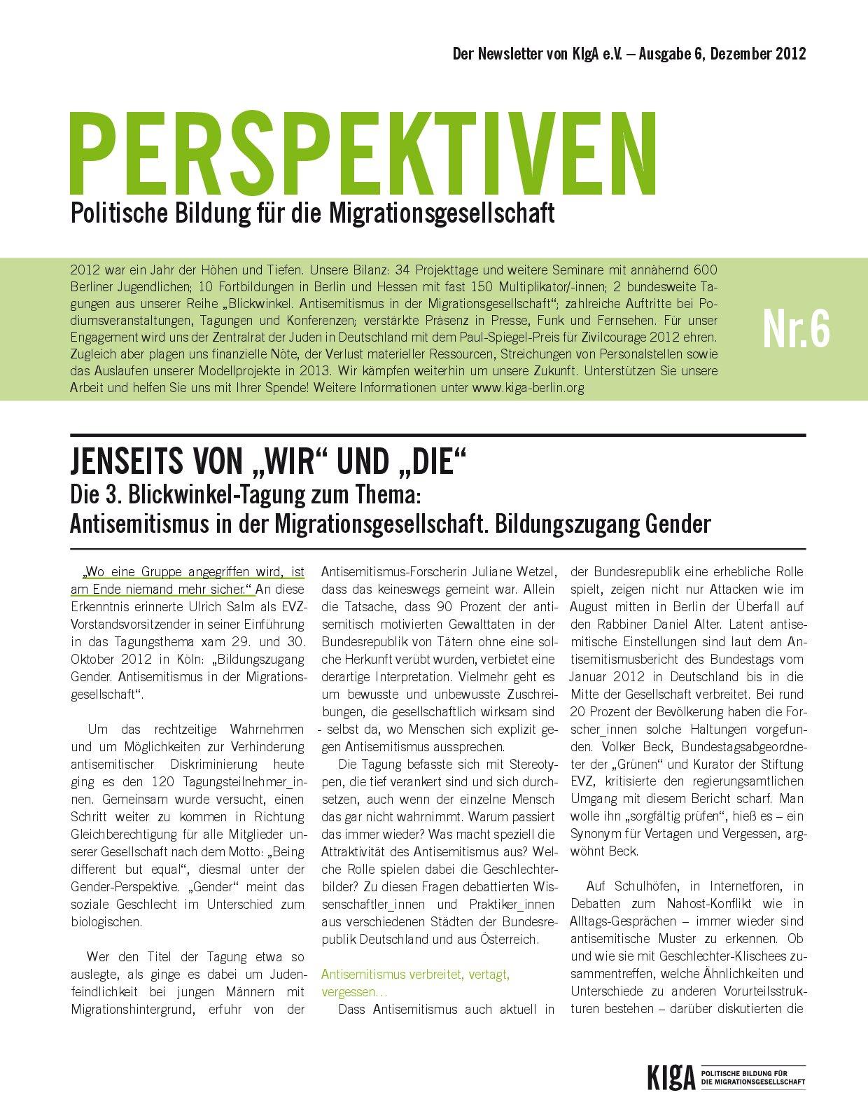 Cover von Perspektiven. Politische Bildung für die Migrationsgesellschaft. Ausgabe 6, Dezember 2012