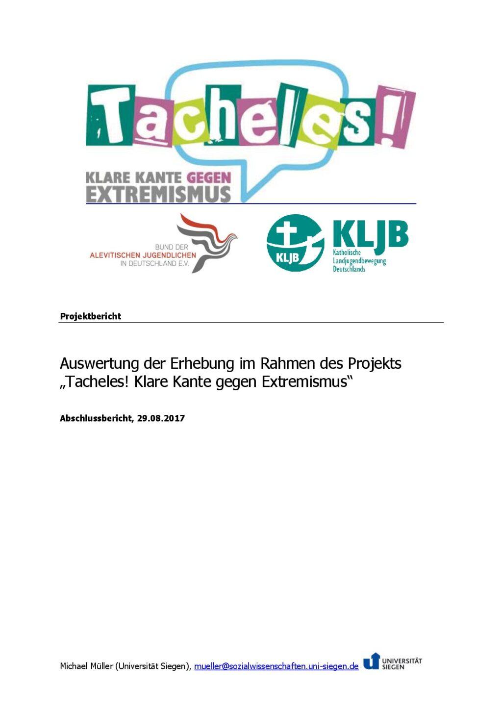 Cover von Tacheles! Klare Kante gegen Extremismus. Projektbericht. Auswertung der Erhebung im Rahmen des Projekts "Tacheles! Klare Kante gegen Extremismus"