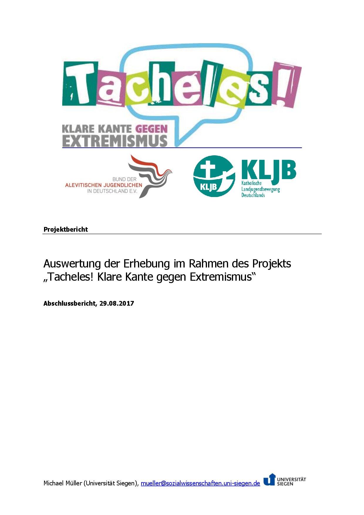 Cover von Tacheles! Klare Kante gegen Extremismus. Projektbericht. Auswertung der Erhebung im Rahmen des Projekts "Tacheles! Klare Kante gegen Extremismus"