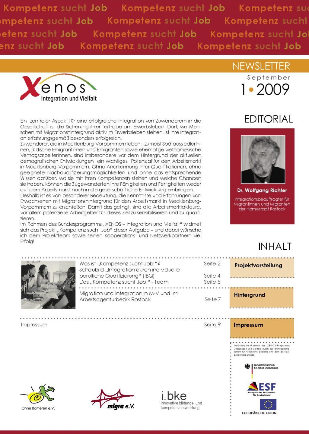 Cover von Kompetenz sucht Job. Newsletter Nr. 1 September 2009