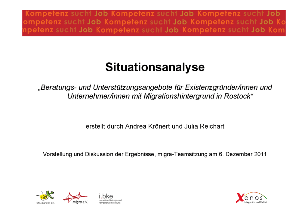 Cover von Situationsanalyse "Beratungs- und Unterstützungsangebote für Existenzgründer/innen und Unternehmer/innen mit Migrationshintergrund in Rostock"