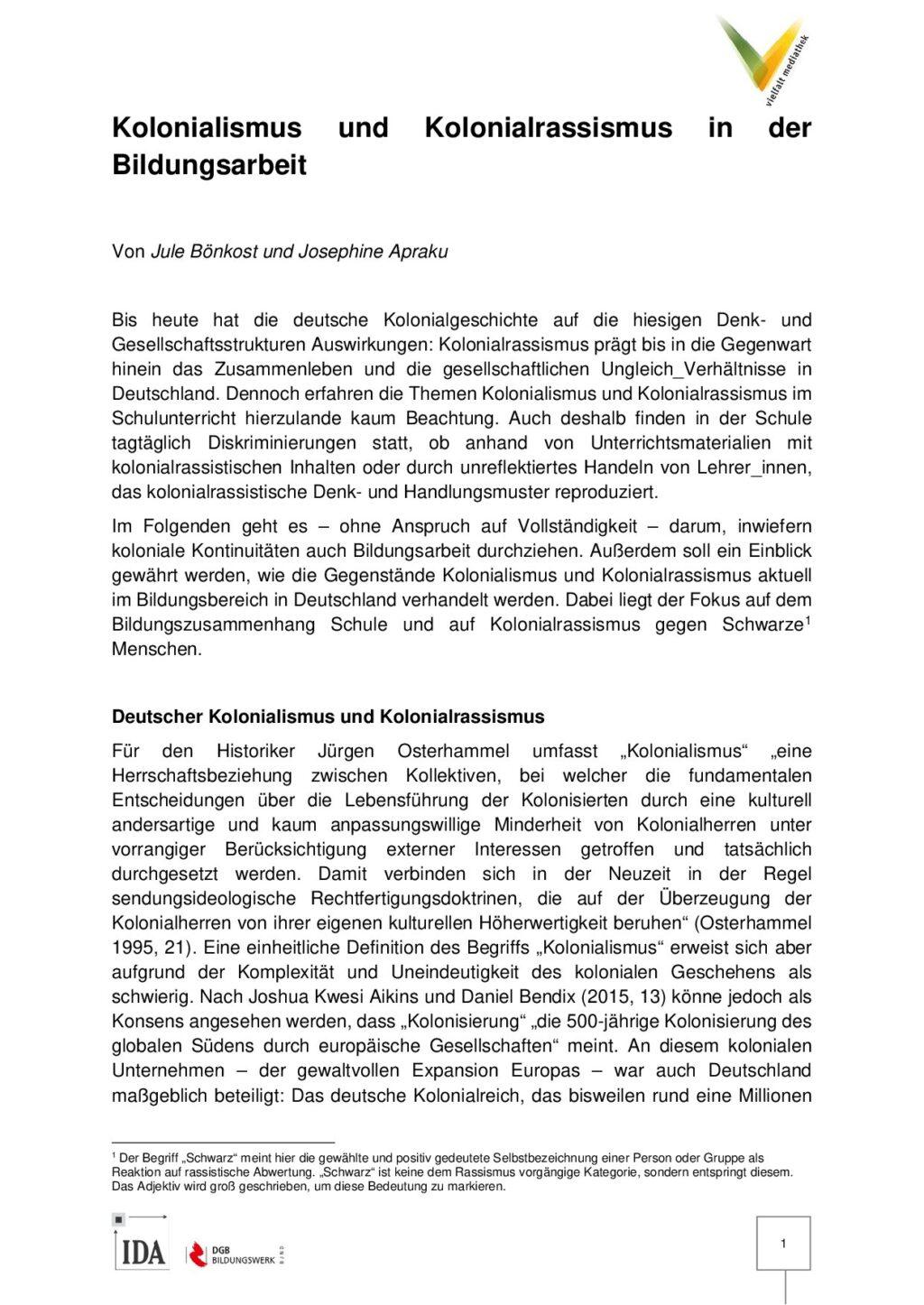 Cover von Kolonialismus und Kolonialrassismus in der Bildungsarbeit