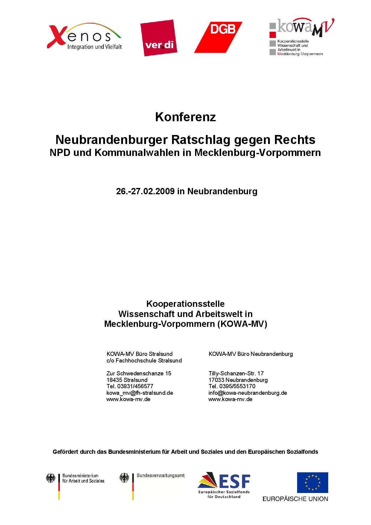Cover von Neubrandenburger Ratschlag gegen Rechts – NPD und Kommunalwahlen in Mecklenburg-Vorpommern Konferenz 26.-27.02.2009 in Neubrandenburg