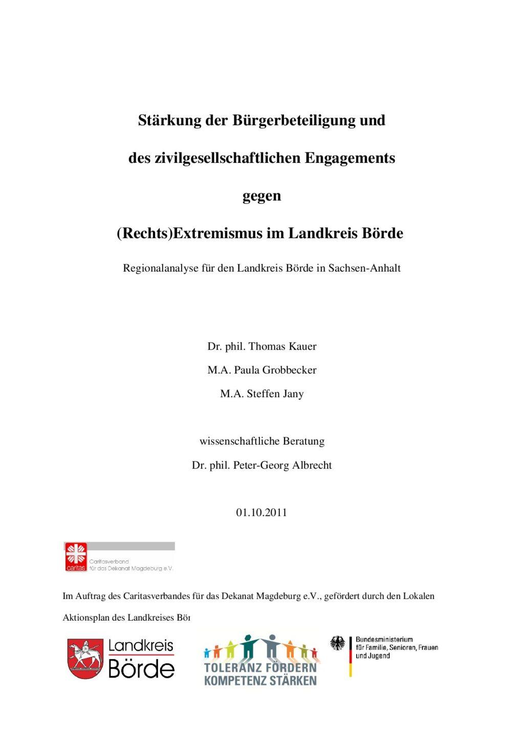 Cover von Stärkung der Bürgerbeteiligung und des zivilgesellschaftlichen Engagements gegen (Rechts)Extremisus im Landkreis Börde. Regionalanalyse für den Landkreis Börde in Sachsen-Anhalt