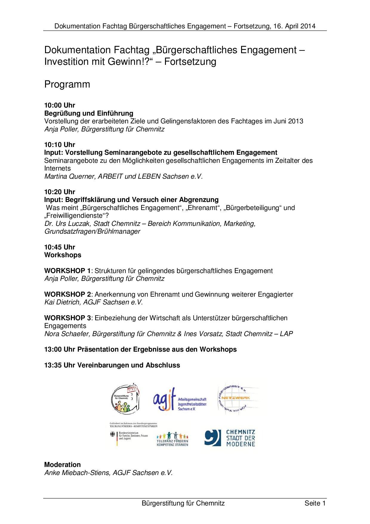 Cover von Dokumentation Fachtag "Bürgerschaftliches Engagement – Investition mit Gewinn?! – Fortsetzung