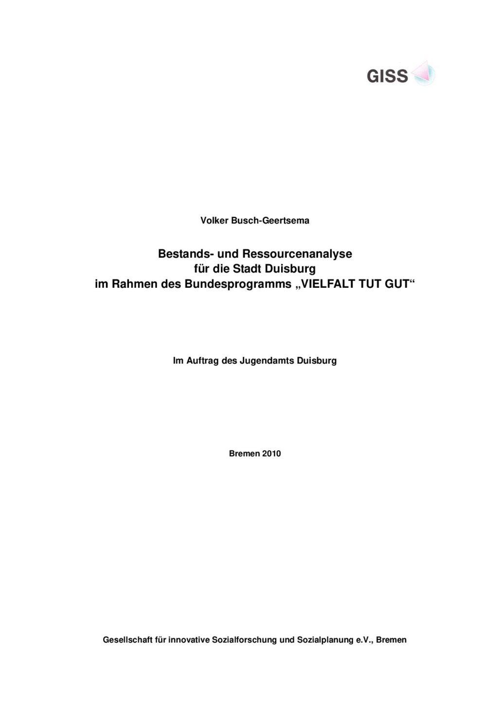 Cover von Bestands- und Ressourcenanalyse für die Stadt Duisburg im Rahmen des Bundesprogramms "VIELFALT TUT GUT"