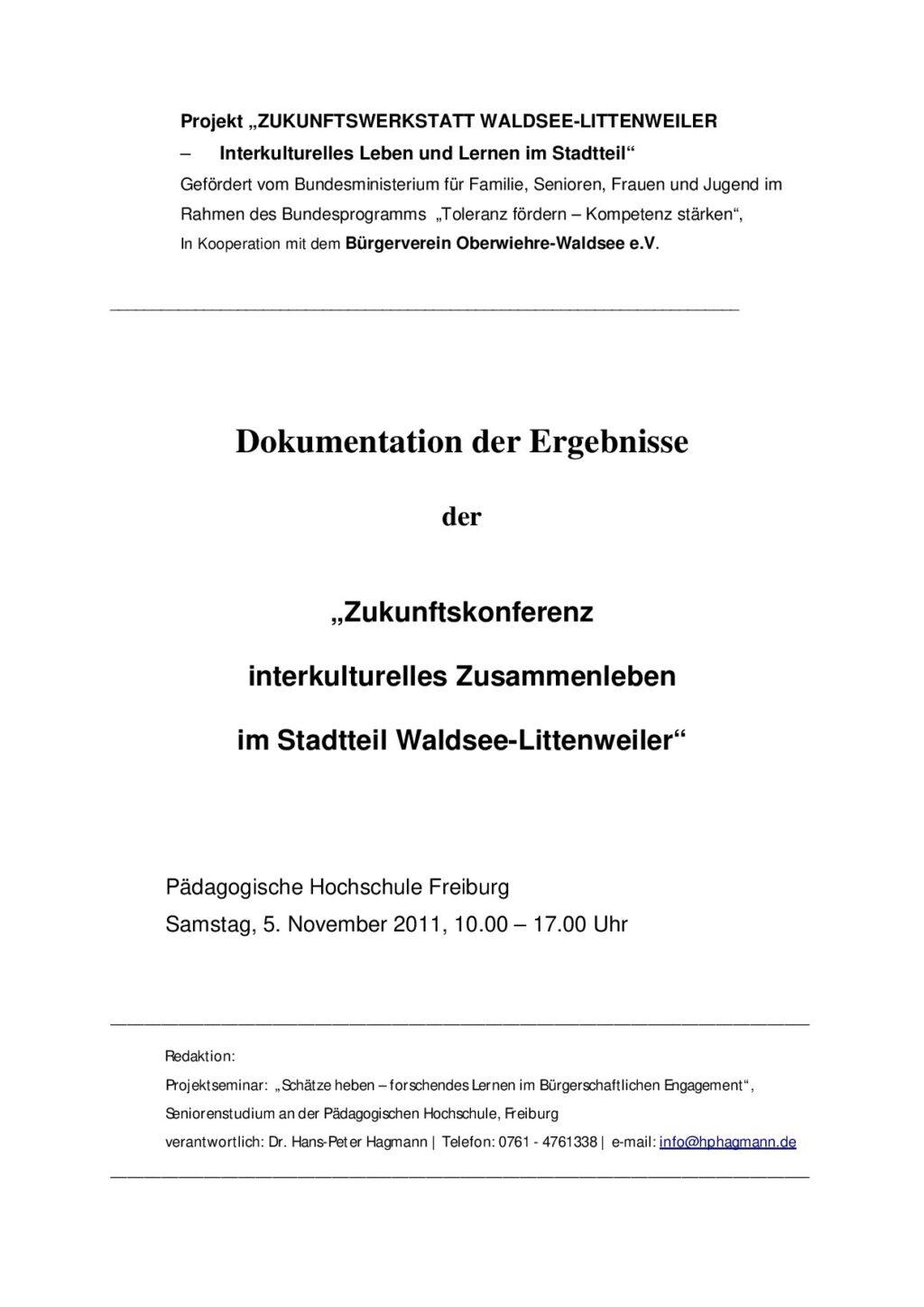 Cover von Dokumentation der Ergebnisse der "Zukunftskonferenz interkulturelles Zusammenleben im Stadtteil Waldsee-Littenweiler"