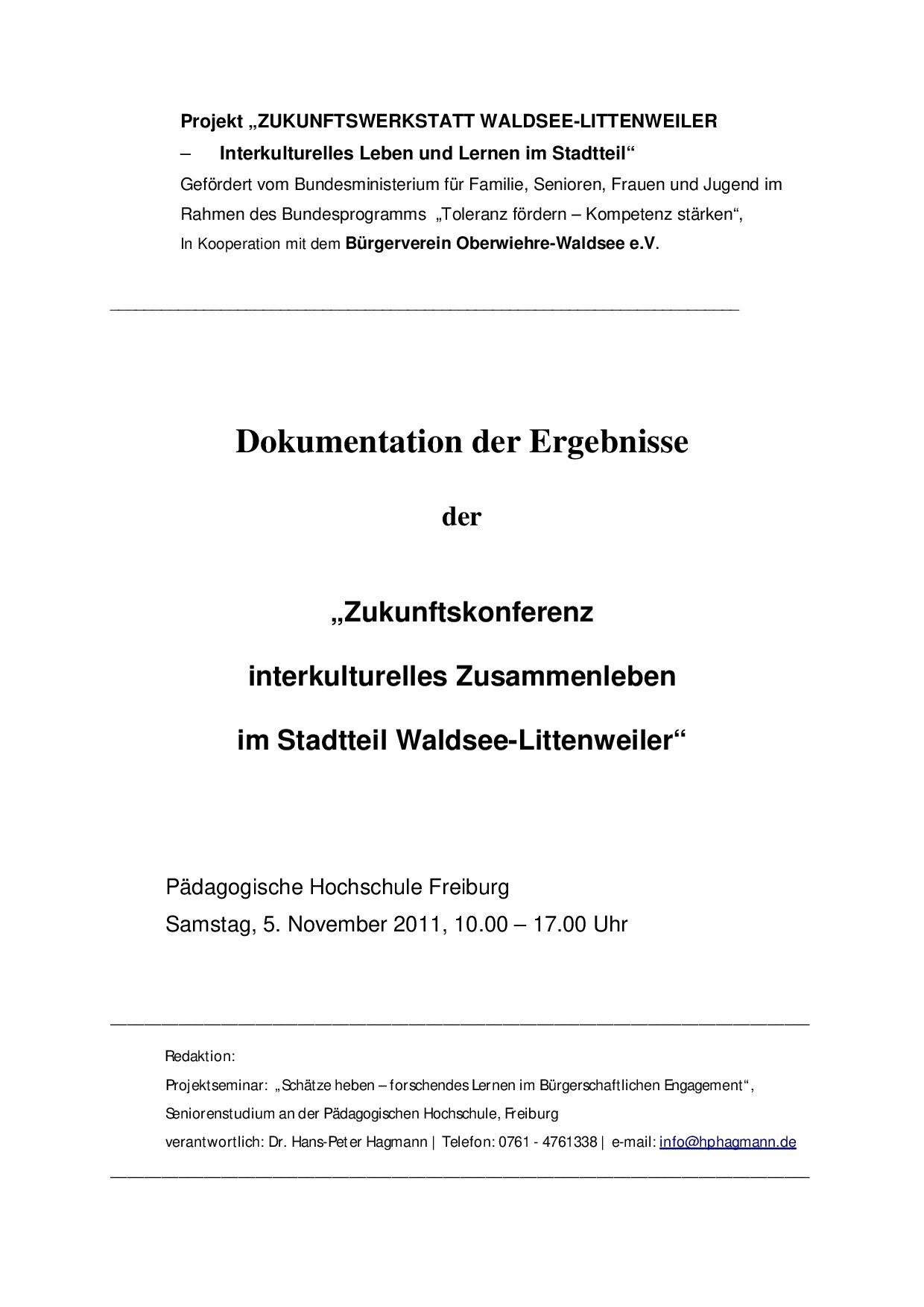 Cover von Dokumentation der Ergebnisse der "Zukunftskonferenz interkulturelles Zusammenleben im Stadtteil Waldsee-Littenweiler"