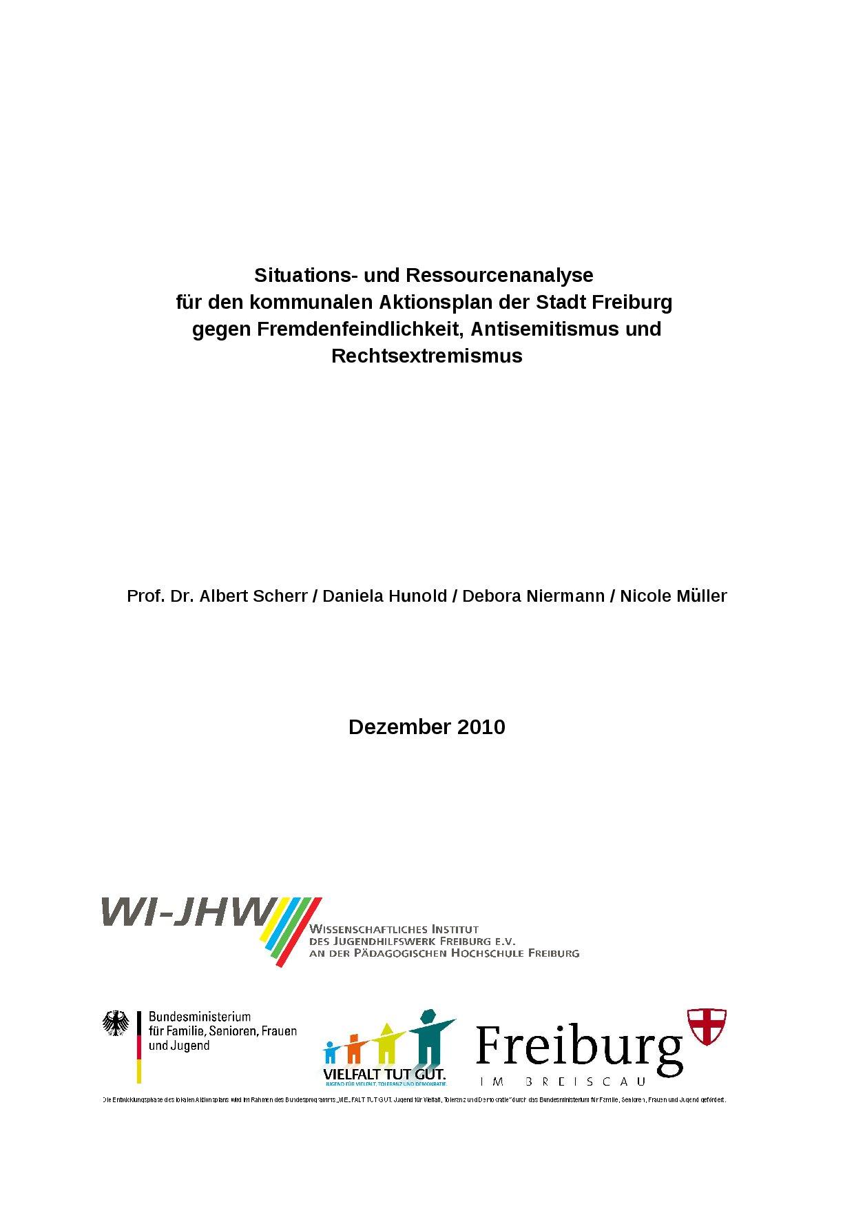 Cover von Situations- und Ressourcenanalyse für den kommunalen Aktionsplan der Stadt Freiburg gegen Fremdenfeindlichkeit, Antisemitismus und Rechtsextremismus