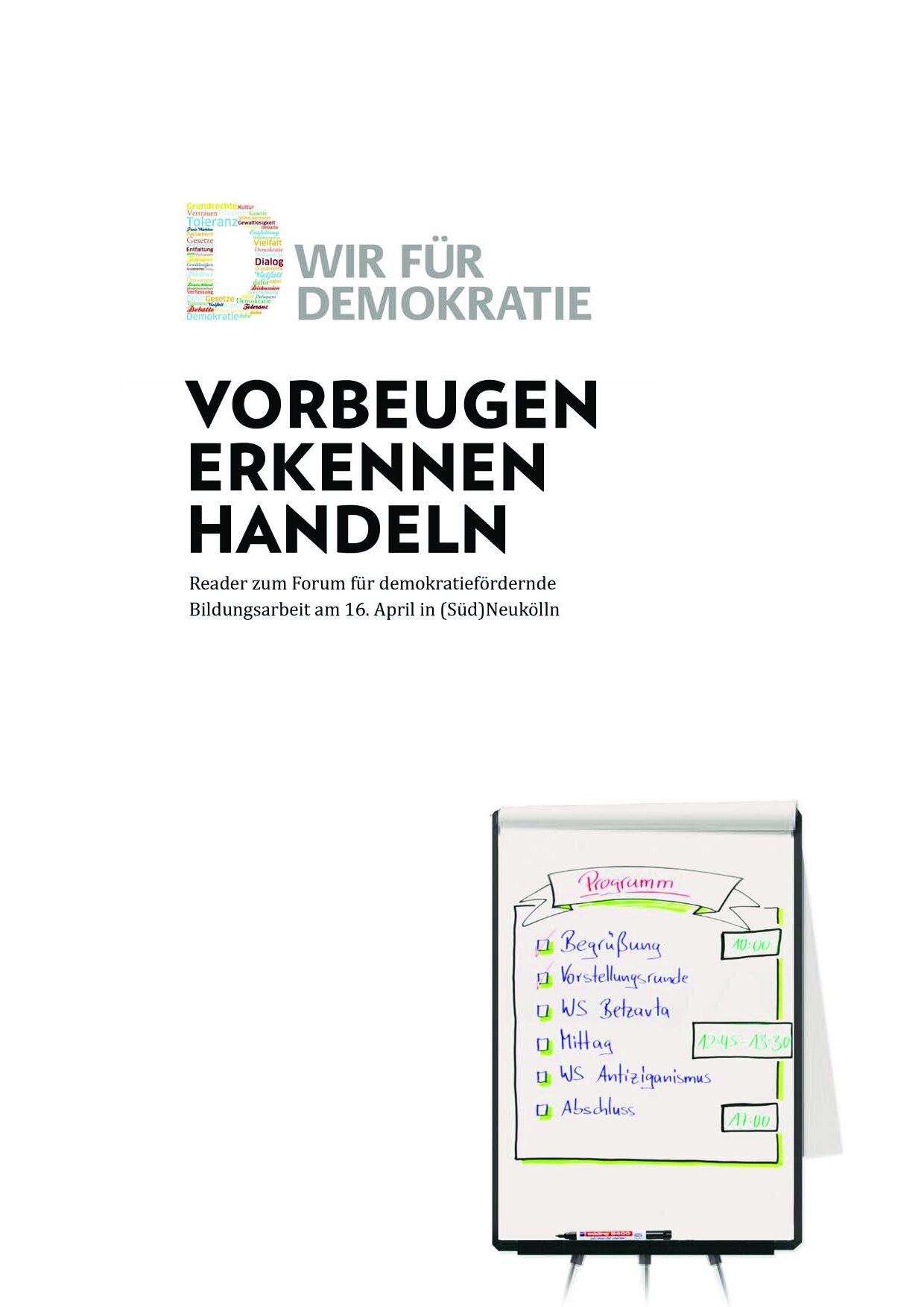 Cover von Wir für Demokratie. Vorbeugen, Erkennen, Handeln. Reader zum Forum für demokatierfördernde Bildungsarbeit am 16. April in (Süd)Neukölln