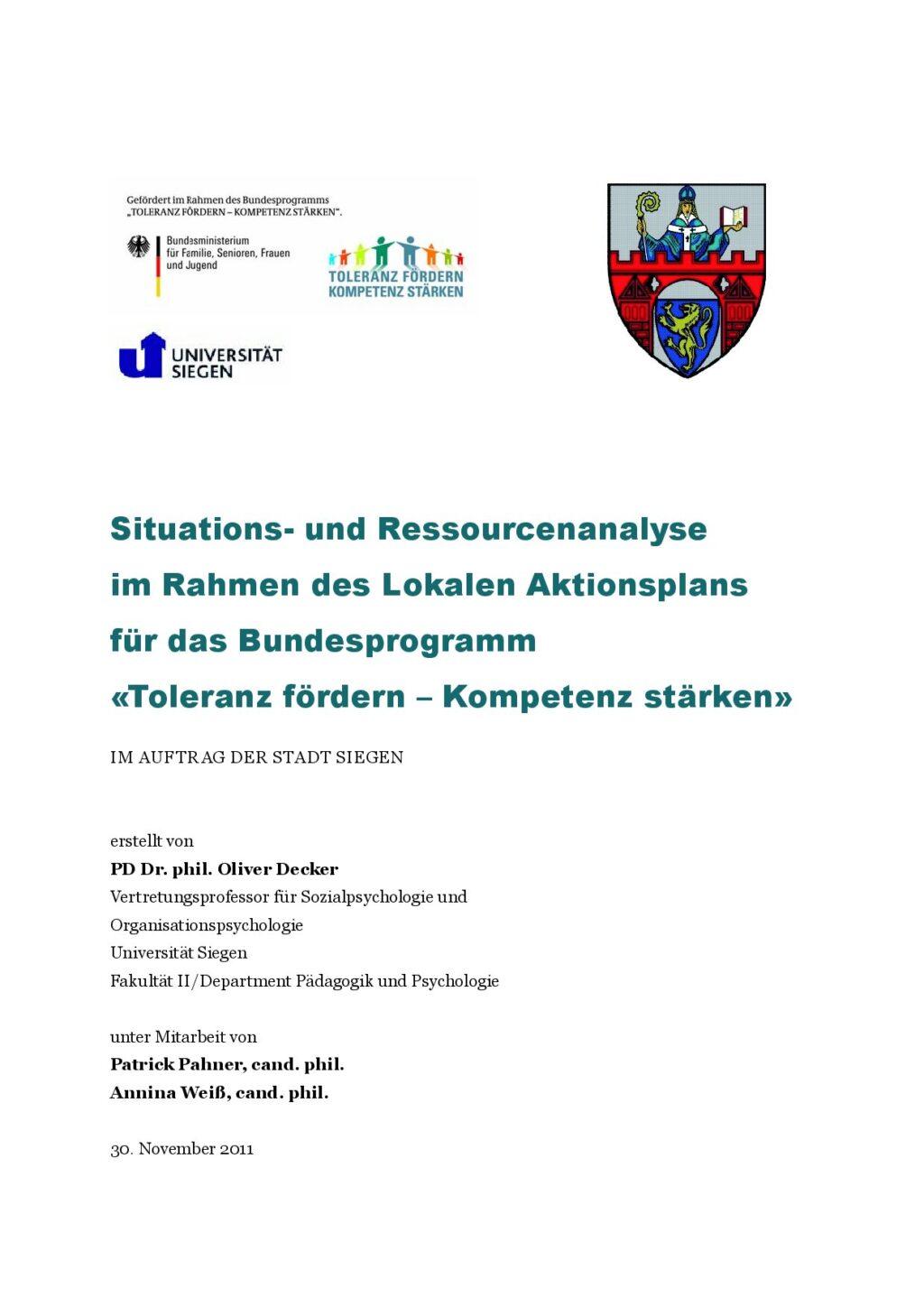 Cover von Situations- und Ressourcenanalyse im Rahmen des Lokalen Aktionsplans für das Bundesprogramm "Toleranz fördern – Kompetenz stärken"