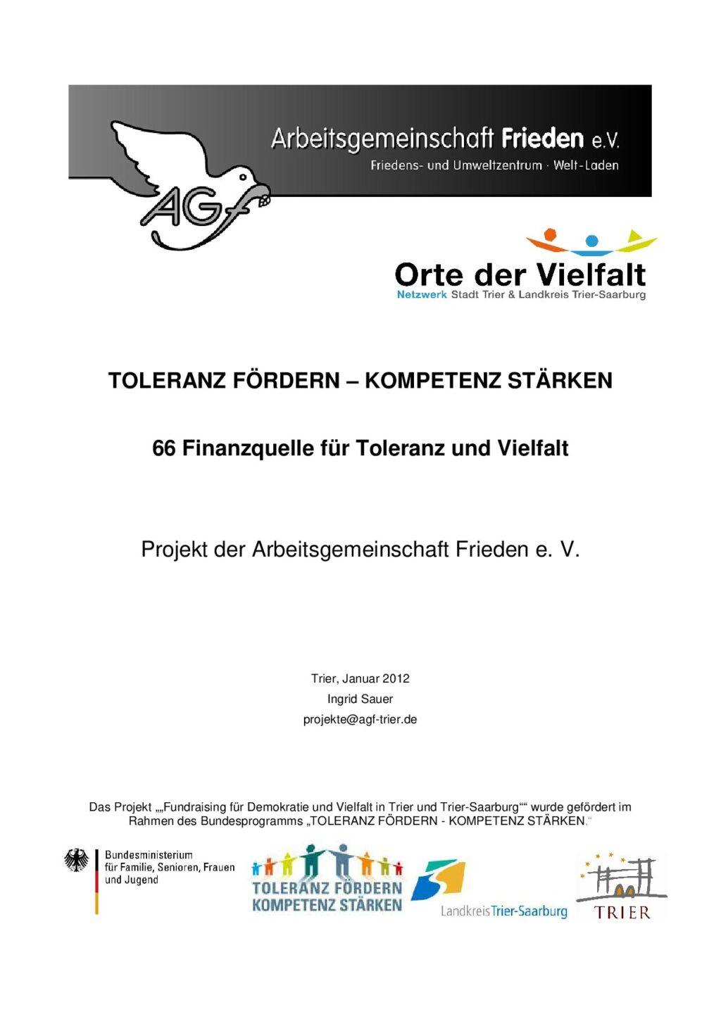 Cover von Toleranz fördern – Kompetenz stärken. 66 Finanzquellen für Toleranz und Vielfalt