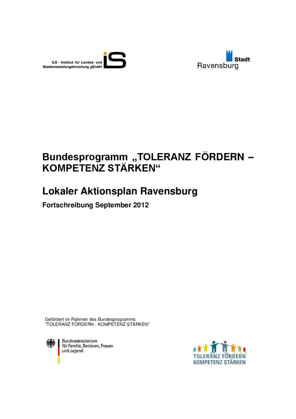 Cover von Bundesprogramm "TOLERANZ FÖRDERN – KOMPETENZ STÄRKEN". Lokaler Aktionsplan Ravensburg. Fortschreibung September 2012