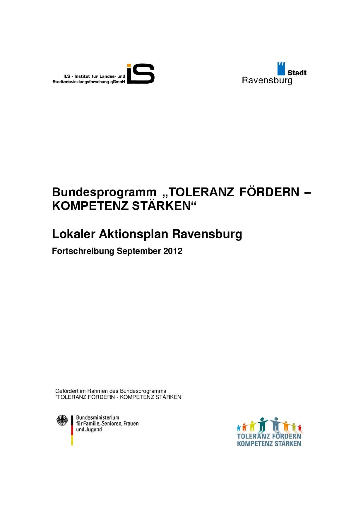 Cover von Bundesprogramm "TOLERANZ FÖRDERN – KOMPETENZ STÄRKEN". Lokaler Aktionsplan Ravensburg. Fortschreibung September 2012
