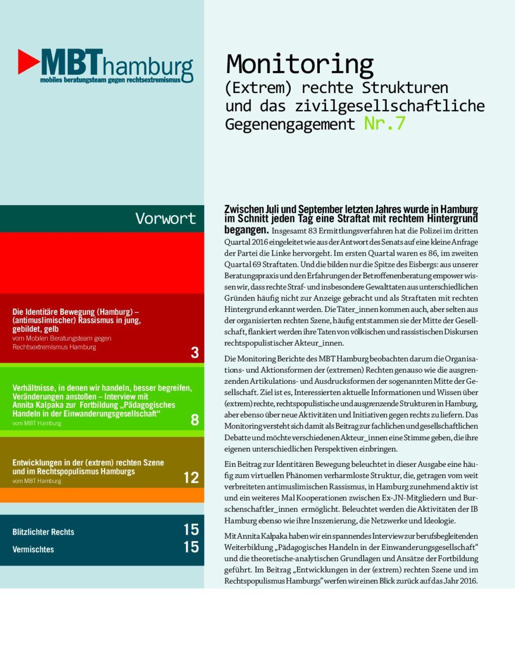 Cover von Monitoring (extrem) rechte Strukturen und das zivilgesellschaftliche Gegenengagement Nr. 7