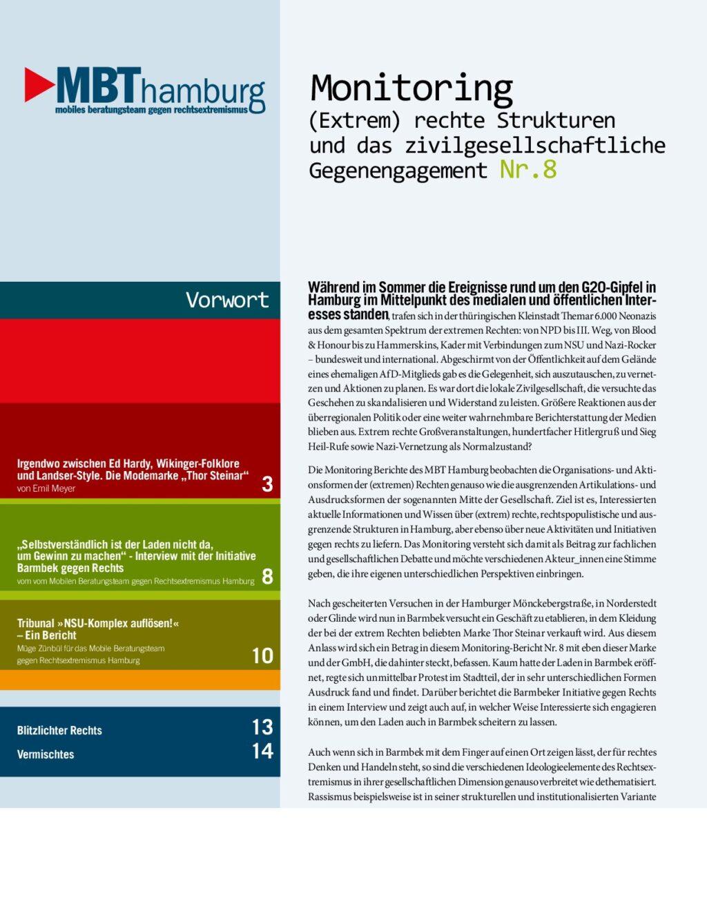 Cover von Monitoring (Extrem) rechte Strukturen und das zivilgesellschaftliche Gegenengagement Nr. 8