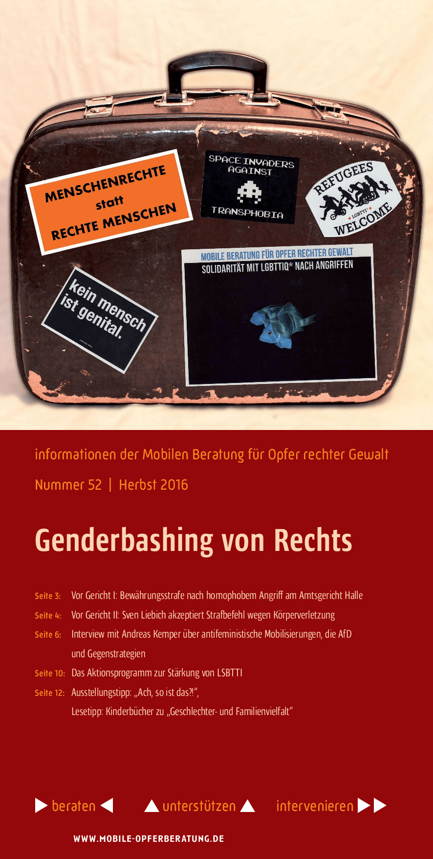Cover von Informationen der Mobilen Beratung für Opfer rechter Gewalt Nr. 52. Herbst 2016. Genderbashing von Rechts