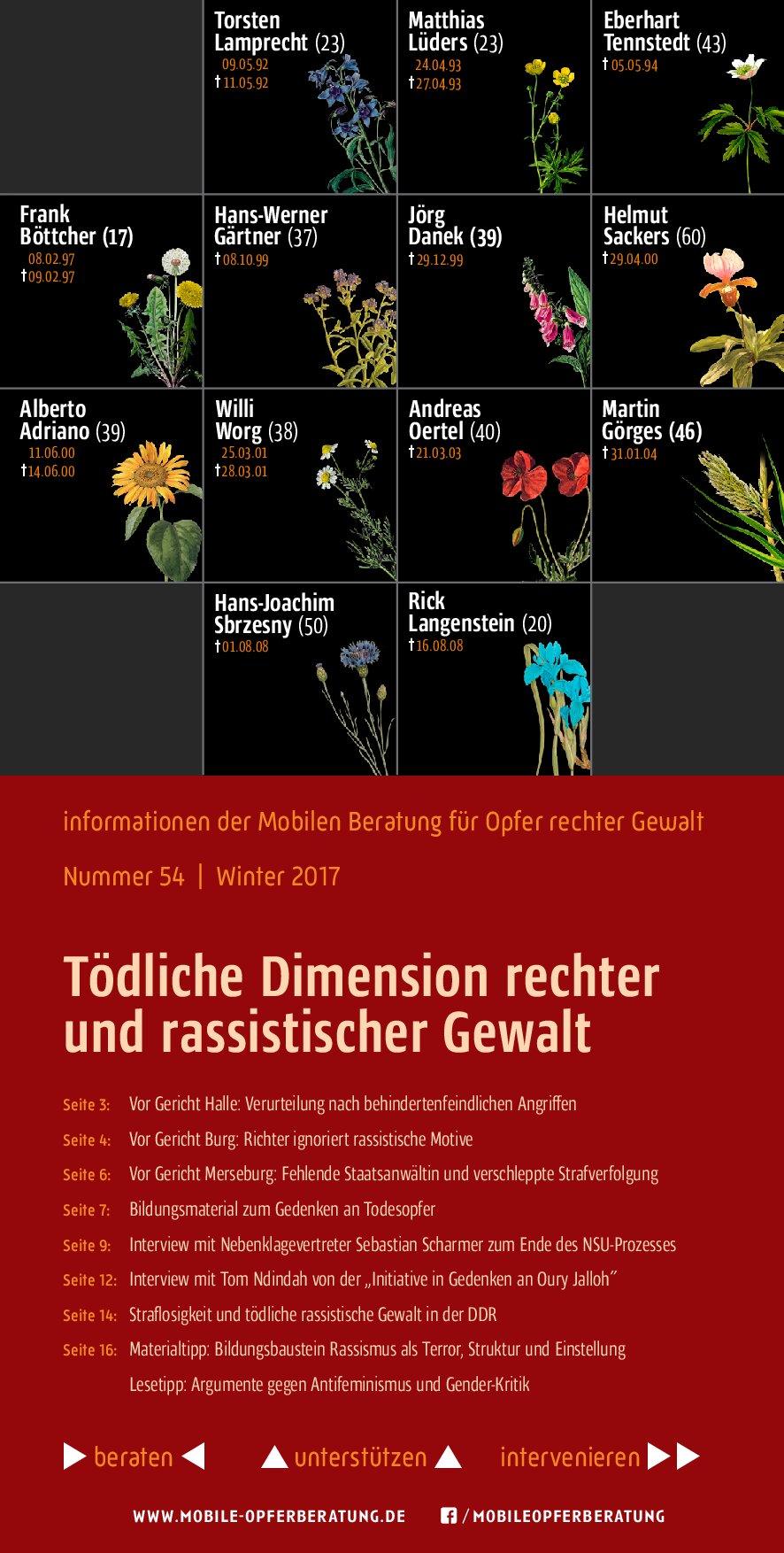 Cover von Informationen der Mobilen Beratung für Opfer rechter Gewalt. Nummer 54. Winter 2017. Tödliche Dimensionen rechter und rassistischer Gewalt
