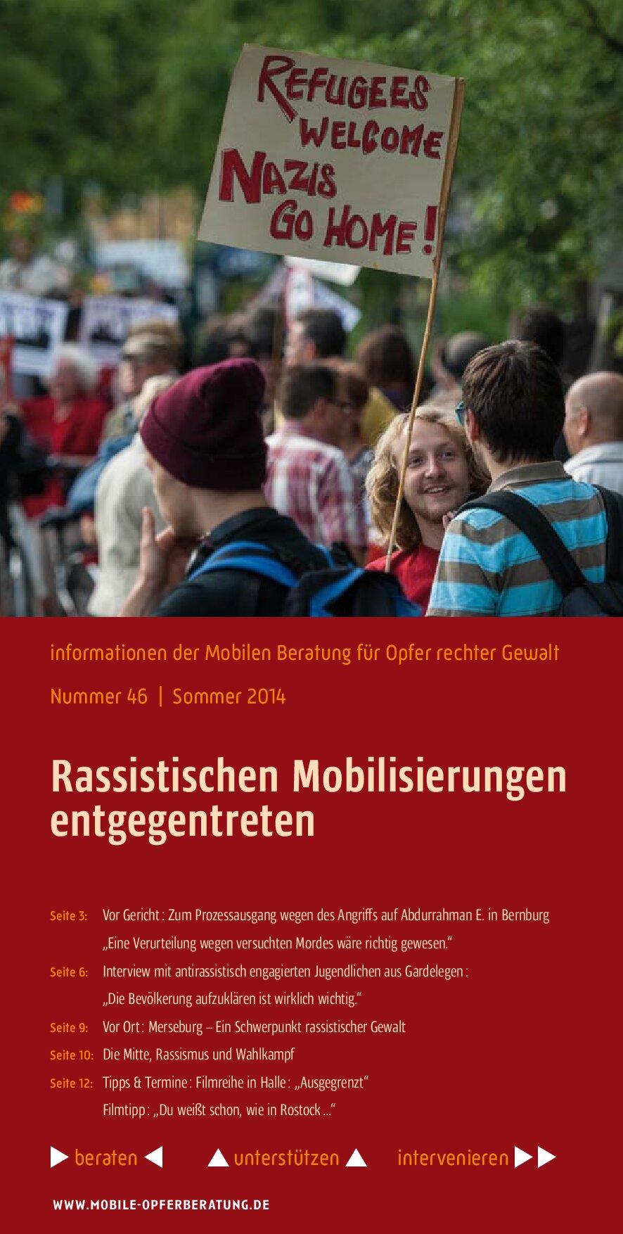 Cover von Informationen der mobilen Beratung für Opfer rechter Gewalt. Nummer 46. Sommer 2014. Rassistische Mobilisierungen entgegentreten