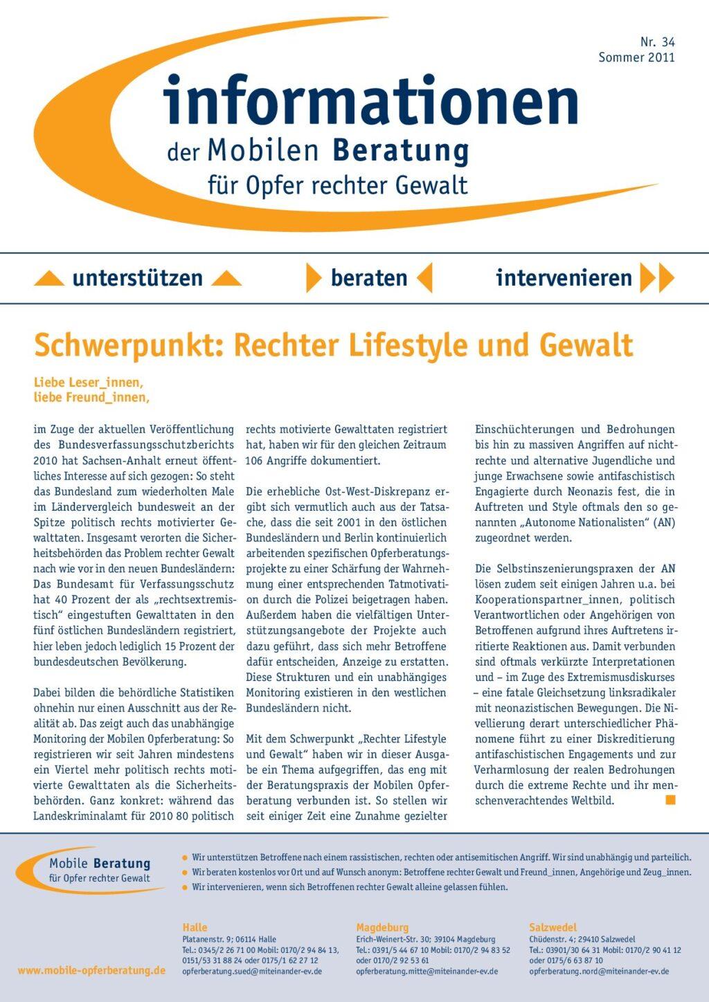 Cover von Informationen der Mobilen Beratung für Opfer rechter Gewalt Nr. 34