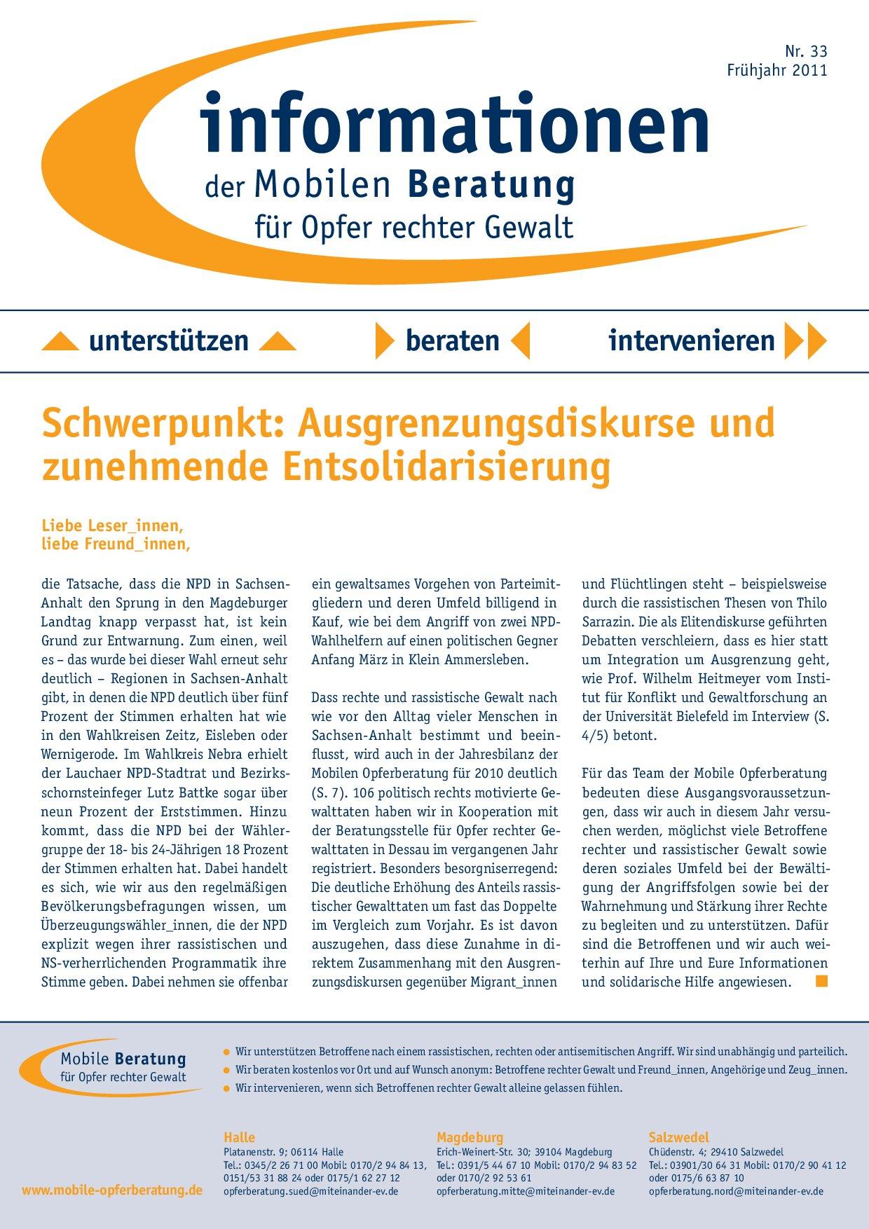 Cover von Informationen der Mobilen Beratung für Opfer rechter Gewalt Nr. 33