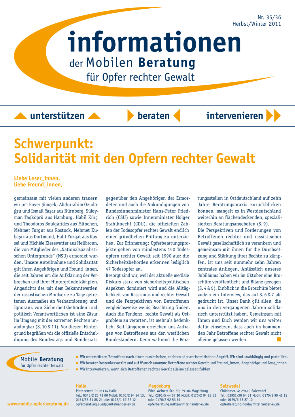 Cover von Informationen der Mobilen Beratung für Opfer rechter Gewalt Nr. 35/36 Herbst/Winter 2011