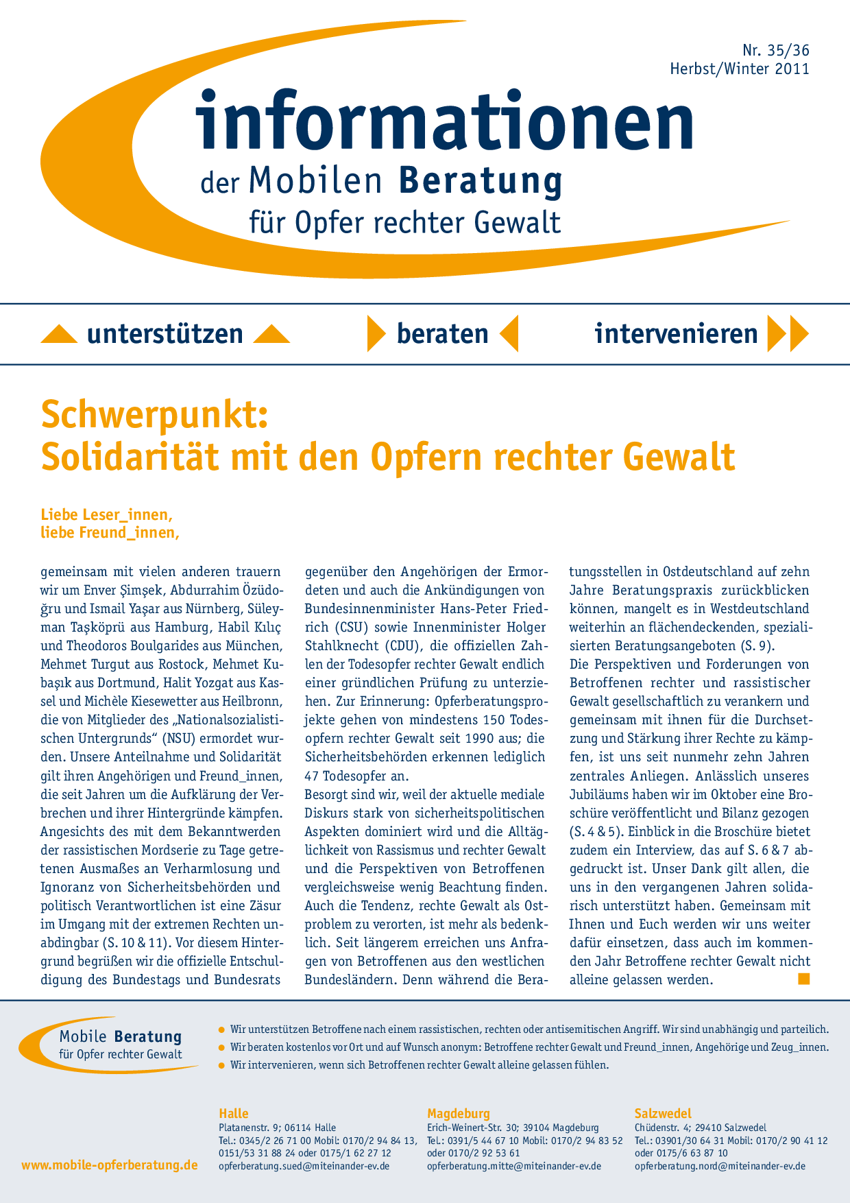 Cover von Informationen der Mobilen Beratung für Opfer rechter Gewalt Nr. 35/36 Herbst/Winter 2011
