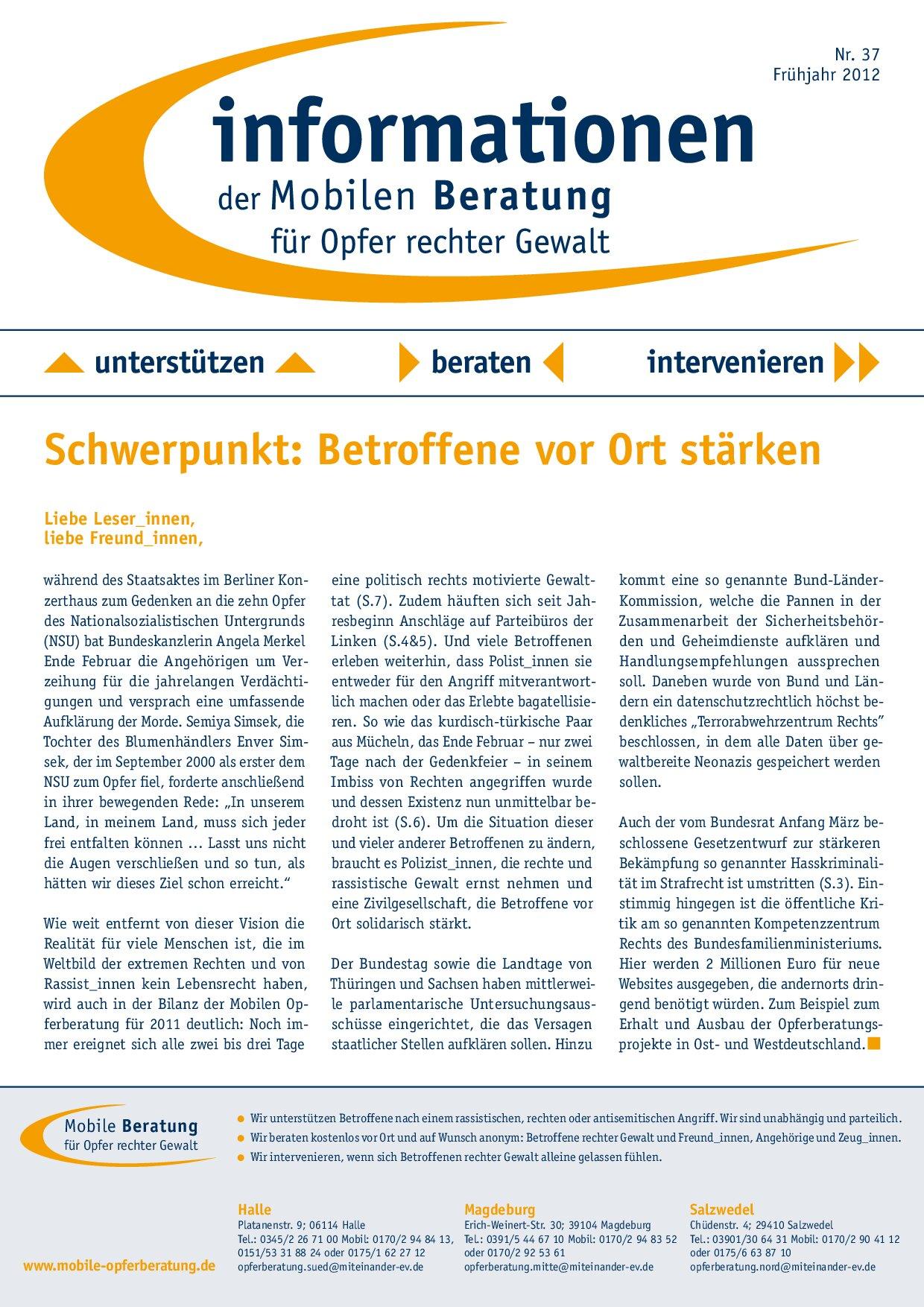 Cover von Informationen der Mobilen Beratung für Opfer rechter Gewalt Nr. 37 Frühjahr 2012